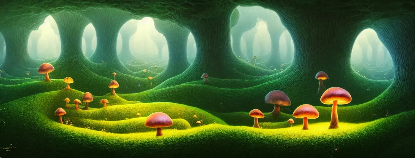 Image similar to gediminas pranckevicius beautiful and stunning professional digital artwork of a glowing mushroom cave, haze, spores floating in the air, vines, water, volumetric lighting, hyperrealistic, rtx on, ultra detail, barlowe wayne, maxfield parrish and marco mazzoni, miniature | no signature!