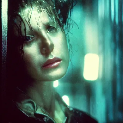 Image similar to close up portrait of rachael tyrell from blade runner at tyrell headquarters photographed by annie leibovitz, cyberpunk, colorful!, nighttime!, raining!