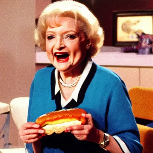 Image similar to betty white eating a hotdog on the moon