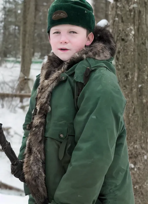 Image similar to portrait photo still of real life young stan marsh wearing a green trapper hat, 8 k, 8 5 mm, f. 1 4