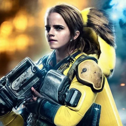 Prompt: emma watson as pikachu in gears of war, movie still, cinematic lighting, dramatic, octane render, long lens, shallow depth of field, bokeh, anamorphic lens flare, 8 k, hyper detailed, 3 5 mm film grain