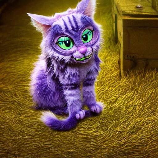 Image similar to full body pose, hyperrealistic photograph of the cheshire cat as a kitten, dim volumetric lighting, 8 k, octane beautifully detailed render, extremely hyper detailed, intricate, epic composition, cinematic lighting, masterpiece, trending on artstation, very very detailed, stunning, hdr, smooth, sharp focus, high resolution, award, winning photo, dslr, 5 0 mm