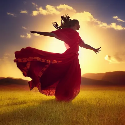 Prompt: absolutely stunning beautiful virgin dancing in summer field in dramatic lighting, dramatic shadows, dramatic details, dramatic everything, trendind everywhere, dramatic award winning dramatic digital art