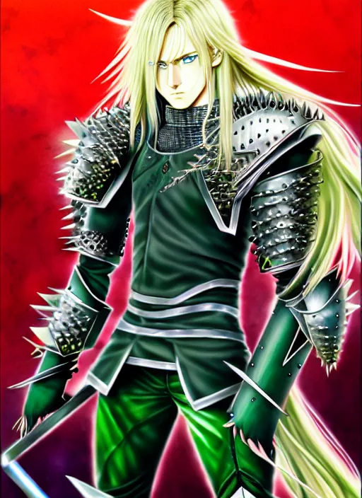 Image similar to a detailed anime full body portrait of a male warrior with long blonde hair and blue eyes wearing evil green spiked cyberpunk armour by hirohiko araki, detailed artwork, realism, 4 k resolution, detailed, high quality, sharp focus, hq artwork, insane detail, volumetric lighting, character concept art, fine details, clear subject, central subject