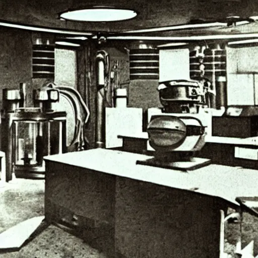 Prompt: interior photo of alien laboratory with strange device at the center of a room