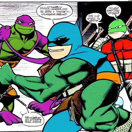 Prompt: ninja turtles fighting batman