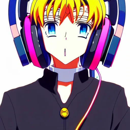 Image similar to An anime character's head wearing retro headphones. 90s anime, Sailor Moon, Neon Genesis, official art, flat cell shading, fantastic screenshot art, trending on artstation, muted nostalgic colors