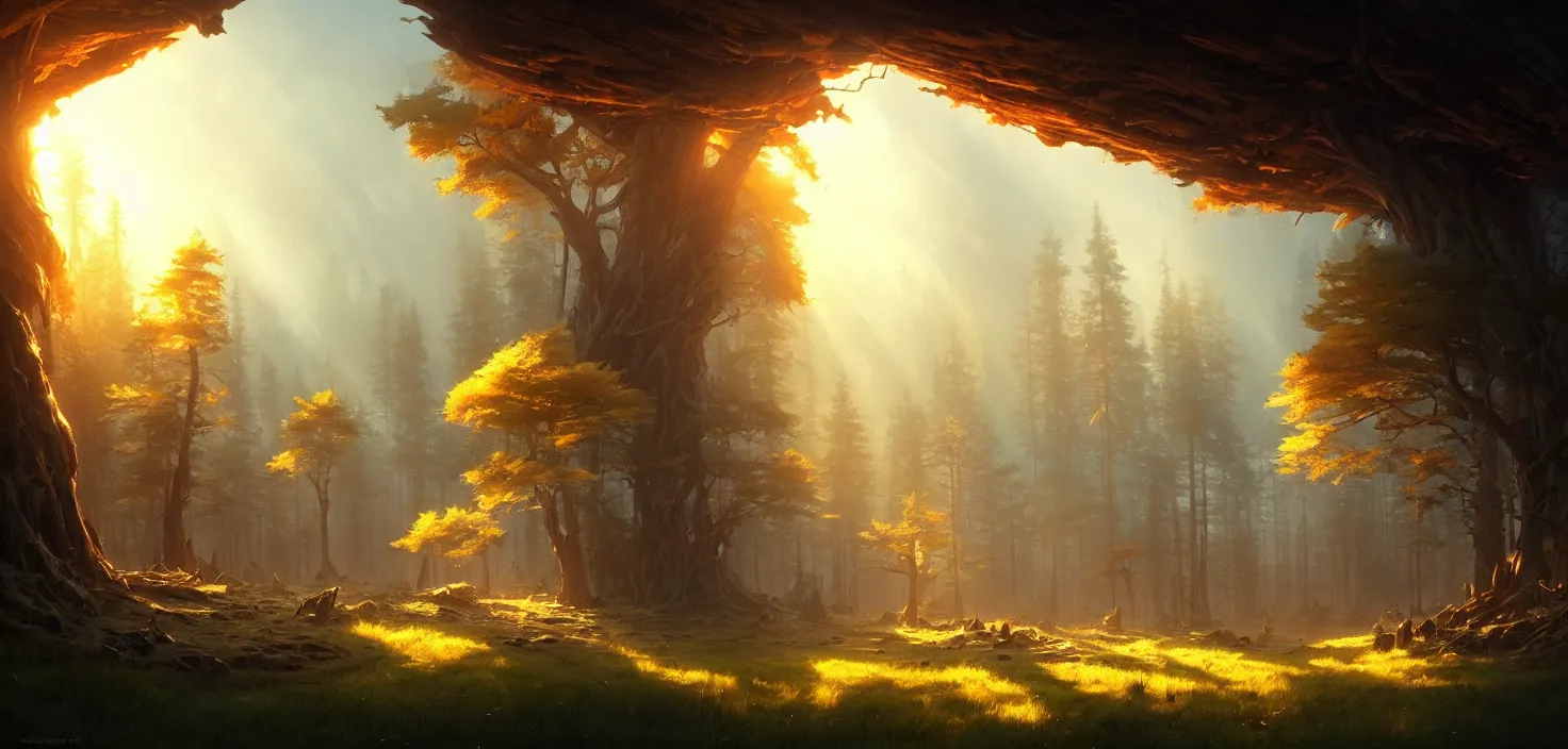 Prompt: concept art of an inside of the wood, cinematic view, epic sunny sky, detailed, concept art, high detail, warm lighting, volumetric, godrays, vivid, beautiful, trending on artstation, by jordan grimmer, huge scene, art greg rutkowski