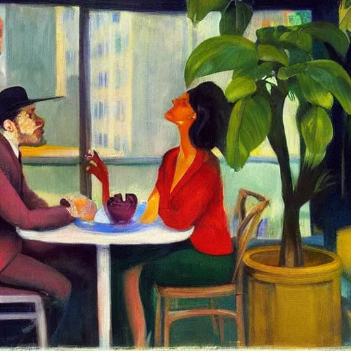 Image similar to an excited couple redefining love in a caffe surrounded by plants, expressionist painting by Francis Bacon and Edward Hopper, artstation