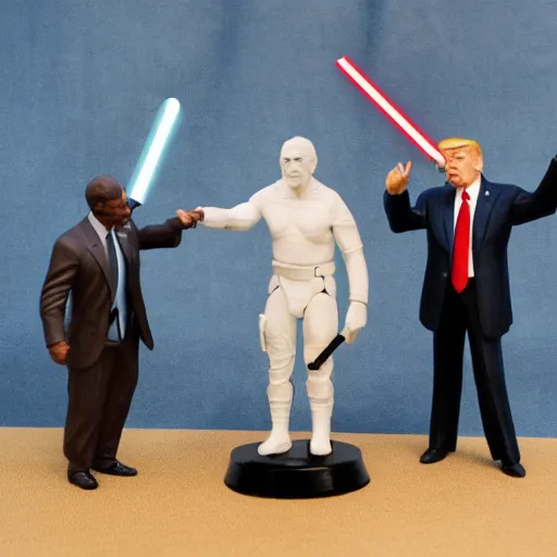 Image similar to photo of putin, trump, obama and bush having a lightsaber fight, figurine