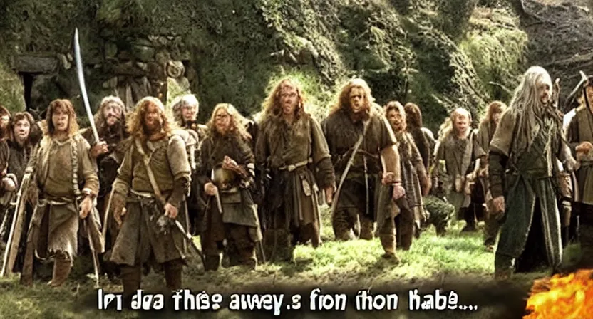 Prompt: screenshot from the fellowship of the ring when swat team raided a hobbit hole in the shire