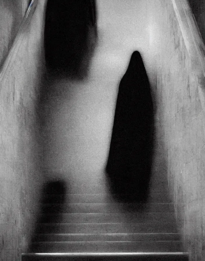 Prompt: a figure shrouded in a long trailing pitch black gown, descending a giant marble staircase in a dark room, photorealism, hyperrealism, harsh lighting, hyperrealism, dramatic lighting, medium shot, serious, gloomy, foreboding