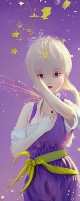 Image similar to Full View of a mysterious kpop fairy maidens with short blond hair wearing an oversized purple Beret, Baggy Purple overall shorts, Short Puffy pants made of silk, silk shoes, a big billowy scarf, Golden Ribbons, white leggings Covered in stars. Short Hair. peasant magic. masterpiece 4k digital illustration by Ruan Jia and Mandy Jurgens and Artgerm and william-adolphe bouguereau, award winning, Artstation, art nouveau aesthetic, Alphonse Mucha background, intricate details, realistic, panoramic view, Hyperdetailed, 8k resolution, intricate art nouveau, smooth, sharp focus