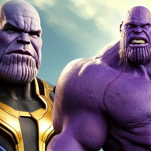 Prompt: thanos but he us as large and round as the planet earth, movie still, cgi render