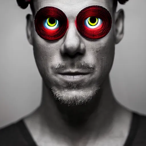 Image similar to man with a crown, smirk, photograph, black backgrounds, glowing red eyes