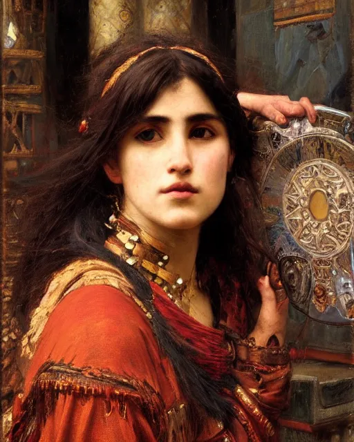 Image similar to time traveller orientalist intricate portrait by john william waterhouse and edwin longsden long and theodore ralli and nasreddine dinet, oil on canvas. cinematic, hyper realism, dramatic lighting, high detail 8 k