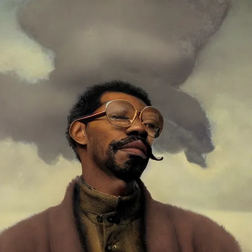 Image similar to Portrait Portrait of Pootie Tang the Guy emerging from poofy tigerskin coat whilst standing atop a cloud-covered mountain peak greg rutkowski dan witz paul klee andrew wyeth tom bagshaw stanton feng bastien lecouffe-deharme tombow oil painting