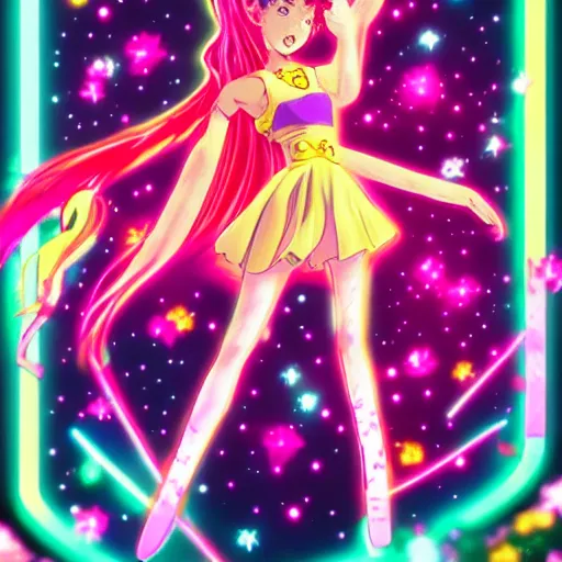 Prompt: magical girl transformation, 9 0's anime style, magic, sparkles, neon, synthwave, retro, make it a banger