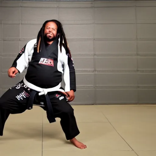 Image similar to photo of chubby black bjj athlete with long dreads posing