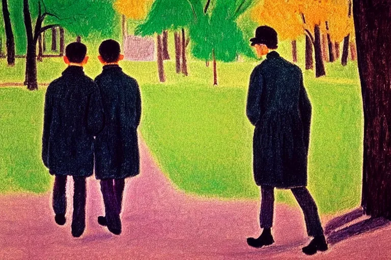 Image similar to a very tall man named John with dark hair holding the hands of a short young boy named Alex with dark hair as they walk in a park on a bright beautiful colorful winter day. part in the style of an edgar degas painting. part in the style of david hockney