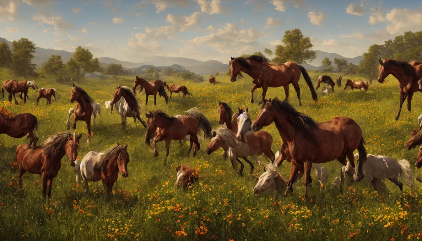 Image similar to An epic fantastic realism comic book style painting of the most beautiful flowers covering a herd of wild horses, fisheye lens, painted by the Hudson River school, unreal 5, DAZ, hyperrealistic, octane render, dynamic lighting