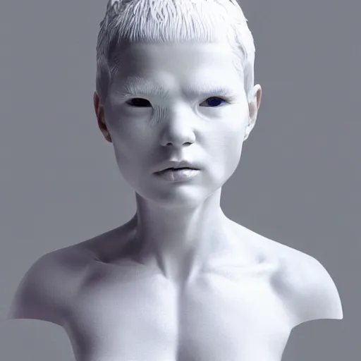 Image similar to full head and shoulders, beautiful female porcelain sculpture with all white 3 d cyborg elements, white prosthetic eyes, 3 d goggles, smooth, all white features on a white background, delicate facial features, white eyes, white lashes, detailed white liquid, cyberpunk, anatomical by daniel arsham and james jean