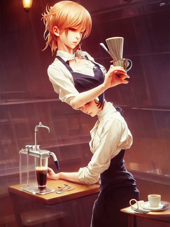 Prompt: full body picture of a bariste drip a coffee, calm and chill, beautiful and aesthetic, intricate, unreal engine, messy hair, highly detailed, detailed face, smooth, sharp focus, chiaroscuro, manga illustration, artgerm, greg rutkowski, ilya kuvshinov, rossdraws, alphonse mucha, young adult light novel cover art