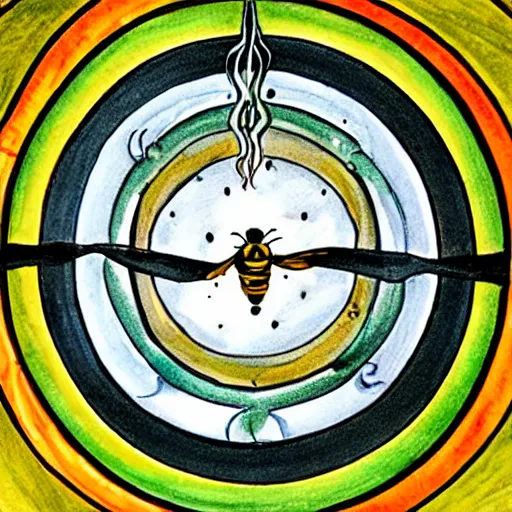 Prompt: a Wiccan ritual spell with a bumblebee placed in the middle of a bloody bullseye, art nouveau