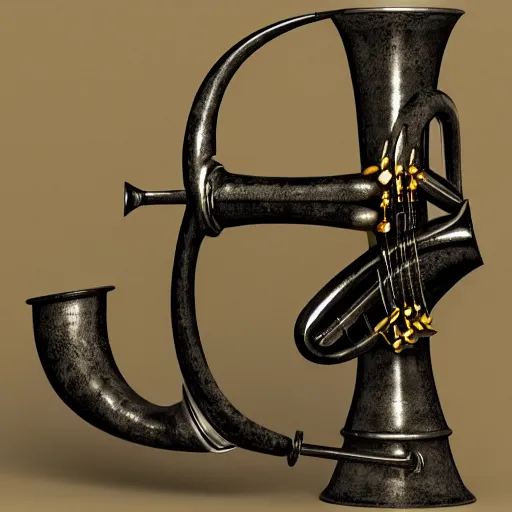 Image similar to a 3 d render of a medieval blowing horn, winding horn, animal horn, higly detailed, mystic, artwork