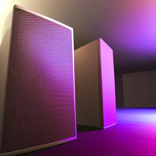 Image similar to 2 large speakers covered with a delicate psychedelic texture, octane render, hyper detailed render, volumetric light, ultra realistic,