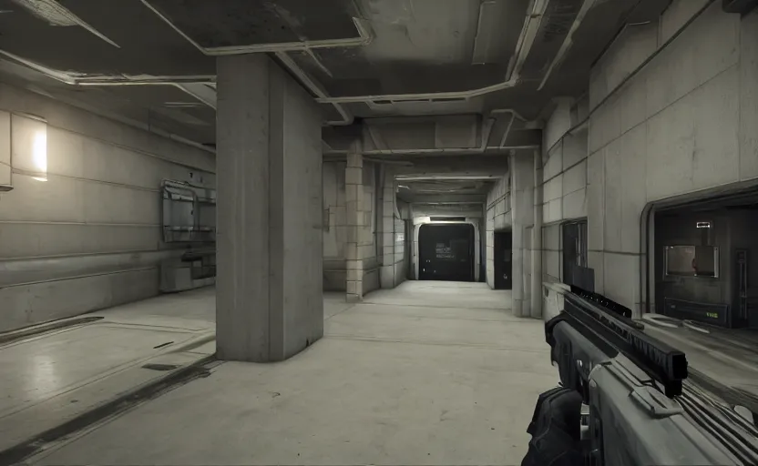 Image similar to in - game screenshot of a first person shooter on unreal engine 5, narrow modern hallways of a secret government facility, white dry wall, photorealistic, retrofuturism