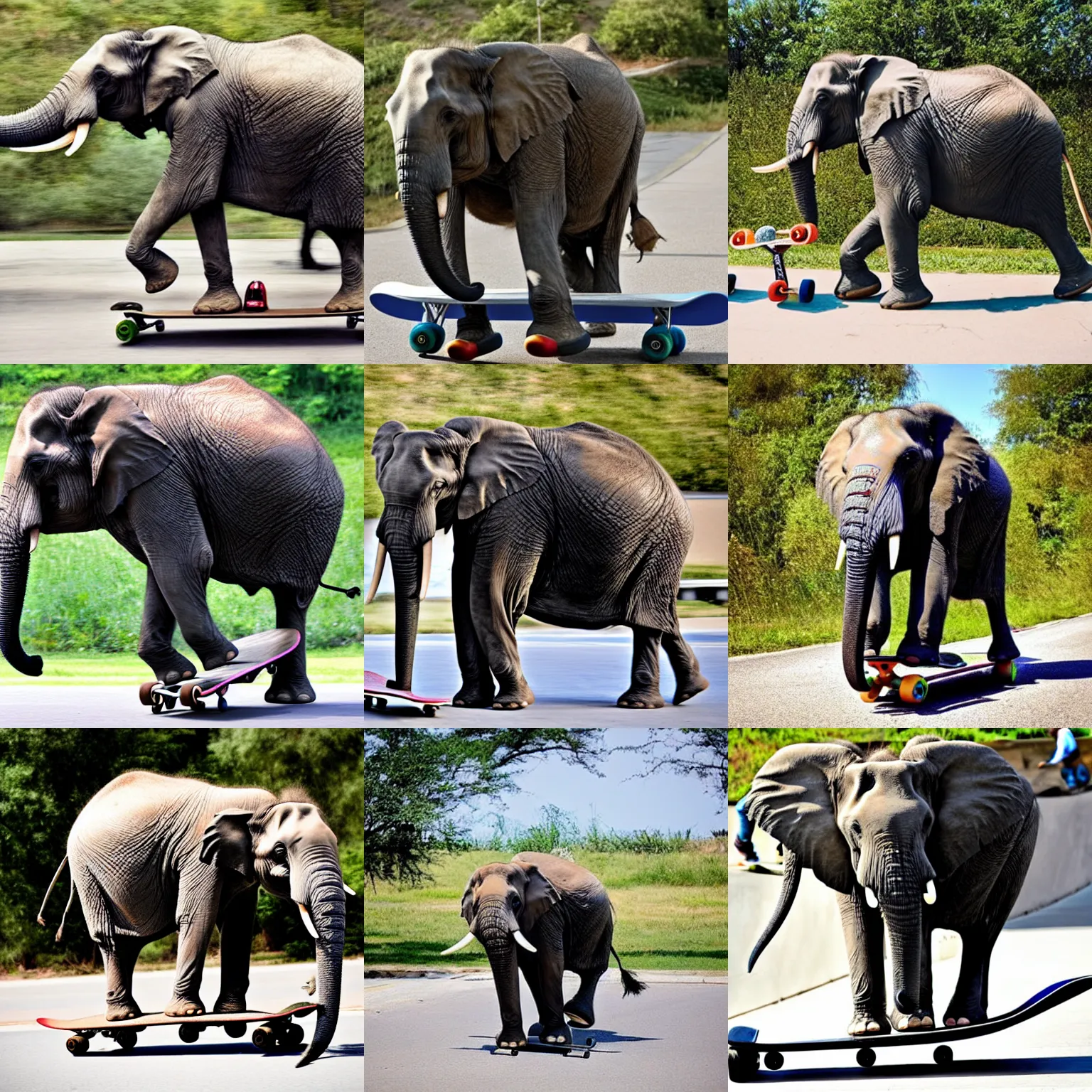 Prompt: an elephant doing a professional trick on a skateboard