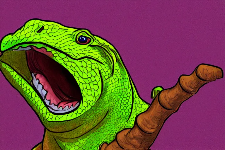 Prompt: lizard screaming into a donut, highly detailed digital art, soft lighting, spotlit