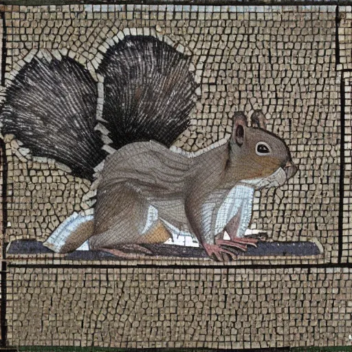 Image similar to a squirrel skiing on the surface of ice with funny motion, in the style of Roman mosaic