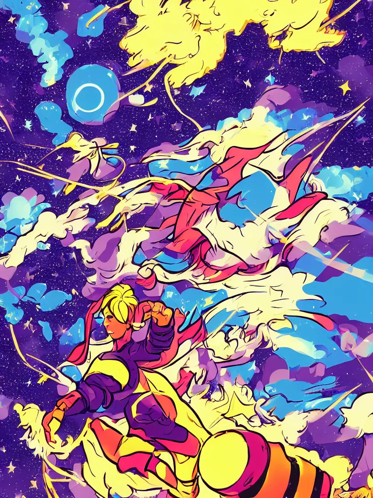 Prompt: magic universe wind coming out of a computer screen, mystical shootingstars, artstation, comic style, pop art, Jack Kirby