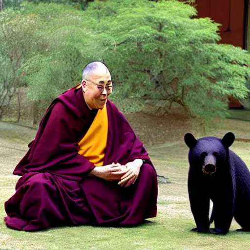 Image similar to kyoto and Dalai Lama smiling at a black bear