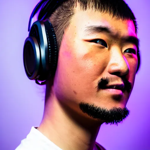 Prompt: Photo of Genghis Khan as a Twitch streamer, wearing a headset, close-up, high detail, studio, neon background, 85mm Sigma Art Lens