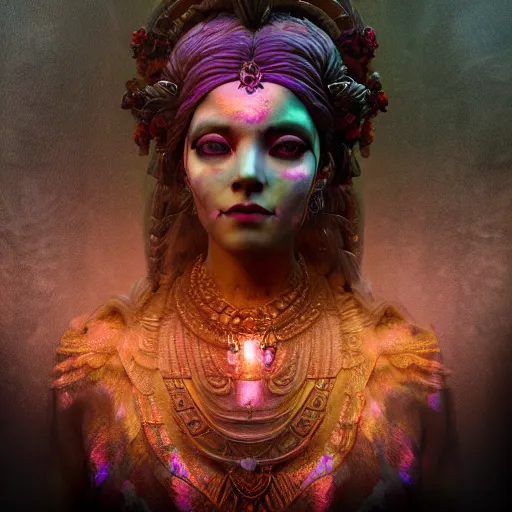 Image similar to a beautiful detailed 3d matte painting of female goddess of the dead, ominous, magical realism, texture, intricate, purple torn fabric, radiant colors, fantasy, trending on artstation, volumetric lighting, micro details, 3d sculpture, ray tracing