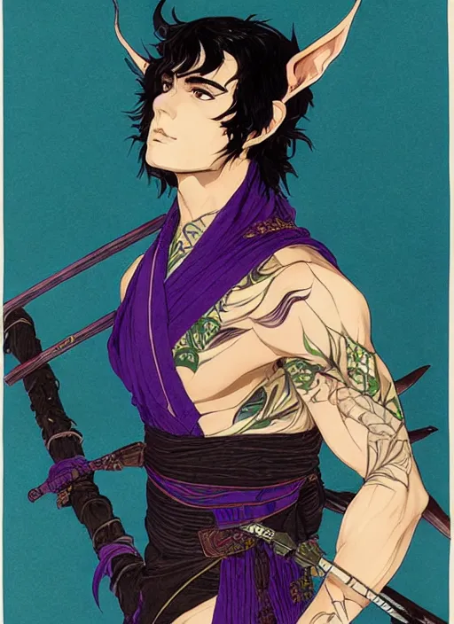 Image similar to half body portrait of a handsome brunette male elven warrior in black and purple. detailed, wearing kimono armour, by conrad roset, takato yomamoto, jesper ejsing, masamune shiro