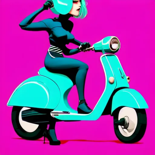 Prompt: turquoise vespa moped, no people, in the style of artgerm, gerald brom, atey ghailan and mike mignola, vibrant colors and hard shadows and rim light, plain background, comic cover art, trending on artstation