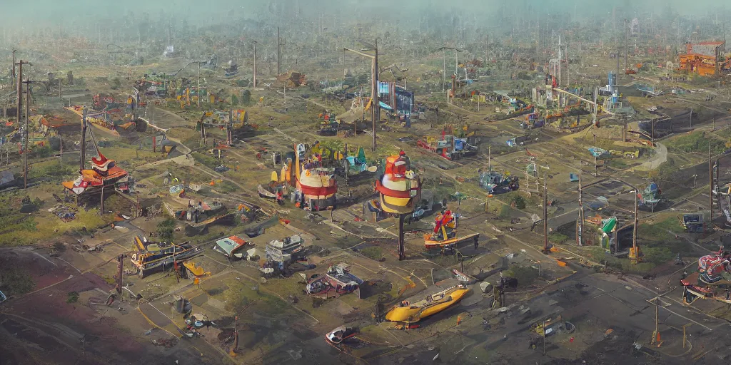 Prompt: a weird town city places with a giant weird thingsimon stalenhag, highly detailed, digital art, realistic, trending on artstation, 4 k