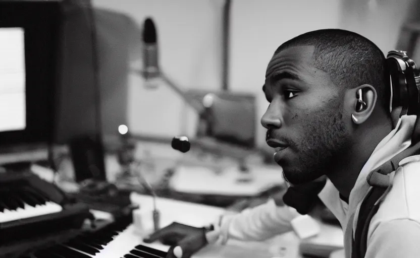 Prompt: frank ocean making music in the studio, greyscale