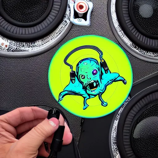 Image similar to svg sticker of a Pop-Wonder Alien-Bog-Monster-Swamp-Rat-Thunder-Coot-Racing-Fan at a rave, spinning records, giant headphones rocking out, wearing headphones, huge speakers, dancing, rave, DJ, spinning records, digital art, amazing composition, rule-of-thirds, award-winning, trending on artstation, featured on deviantart