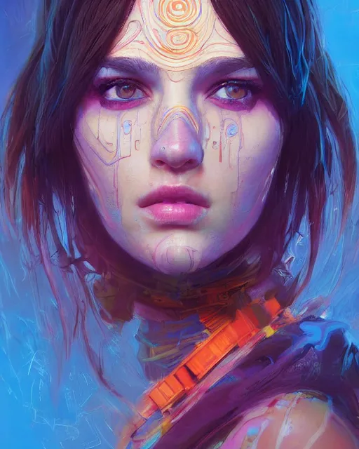 Image similar to portrait of a brunette hippie, but set in the future 2 1 5 0 | highly detailed | very intricate | symmetrical | professional model | cinematic lighting | award - winning | painted by mandy jurgens | pan futurism, dystopian, bold colors, cyberpunk, anime aesthestic | featured on artstation