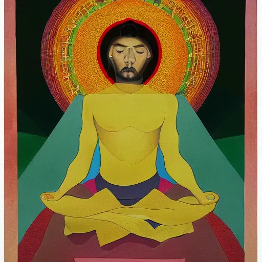 Prompt: A beautiful painting of a man with a large head, sitting in what appears to be a meditative pose. His eyes are closed and he has a serene look on his face. His body is made up of colorful geometric shapes and patterns that twist and turn in different directions. It's almost as if he's sitting in the middle of a kaleidoscope! goldenrod by Bruce Munro weary