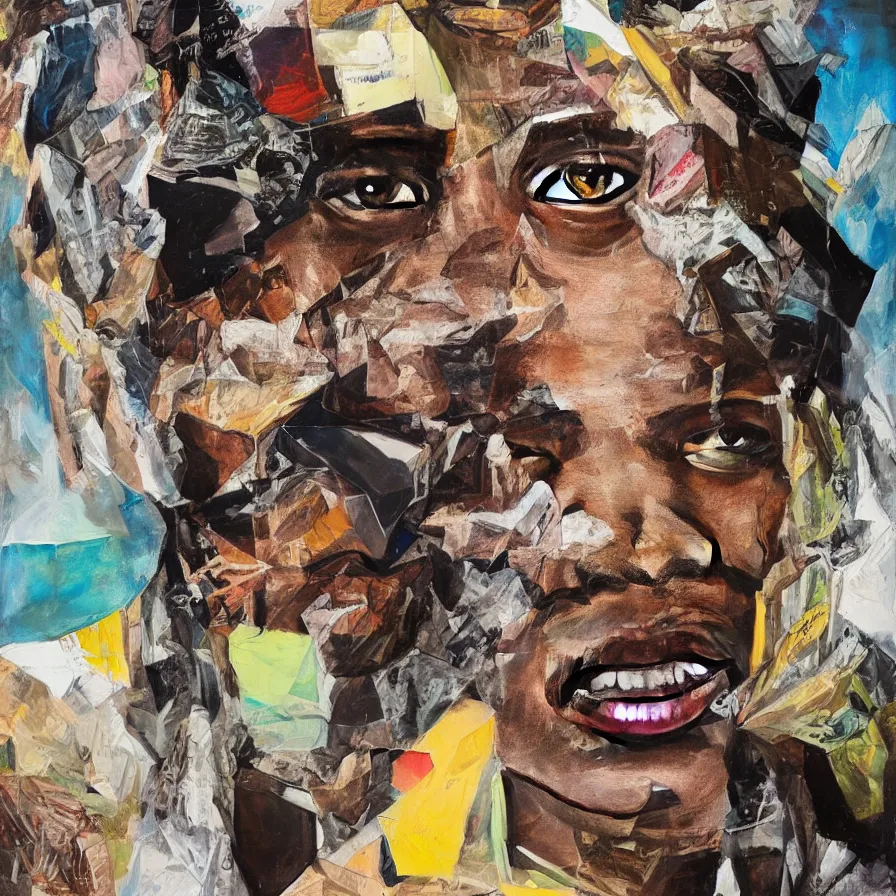 Image similar to rendered in blender travis scott with a trash bag on his head, collage paper and tape, acrylic on canvas, hyperrealism mixed with expressionism, high resolution, cinematic, unreal 6, breathtaking detailed, by blake neubert