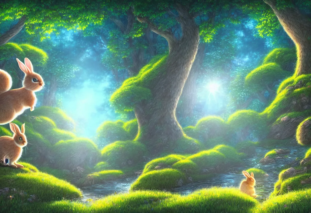 Image similar to a beautiful ultradetailed painting of dream forest, small rabbit, river, sunny, close shot, studio ghibli sunlight, archdaily, wallpaper, highly detailed, trending on artstation