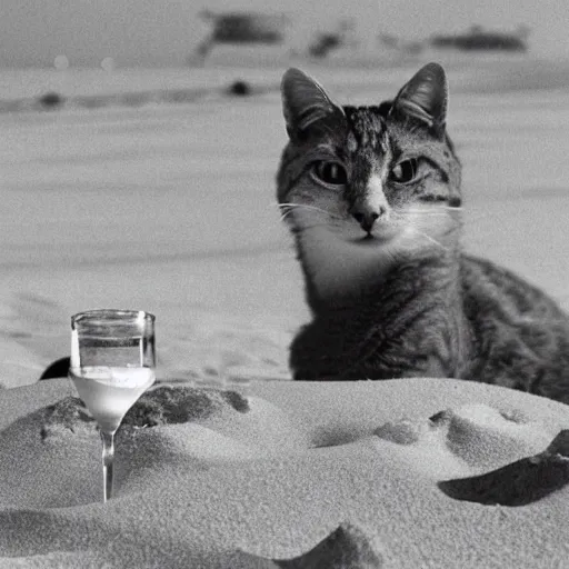 Image similar to photo of an anthropomorphic cat chilling out on the beach and sipping a martini