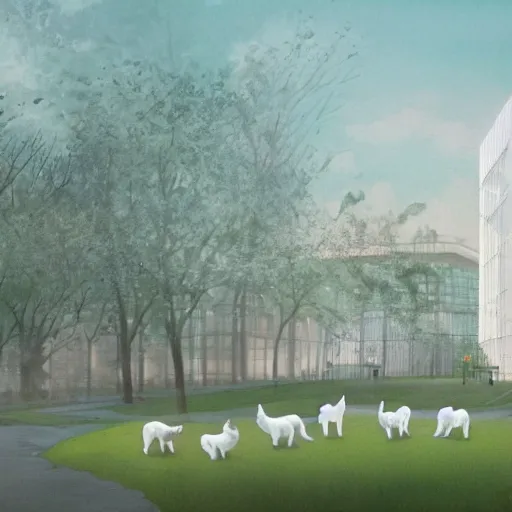 Prompt: the ethereal white shiba inu at the center of the university by qiu ying