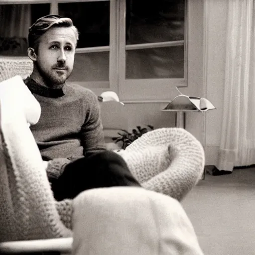 Prompt: ryan gosling but he is knitted from yarn sits on a chair, lethal preservation, proportions, quality, realism, focus in the foreground,